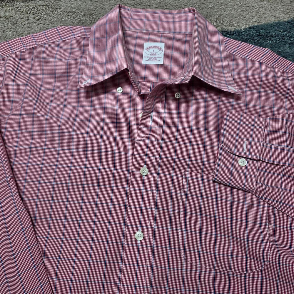 Brooks Brothers 346 Men’s L Dress Shirt Red Blue Check Long Sleeve Cotton